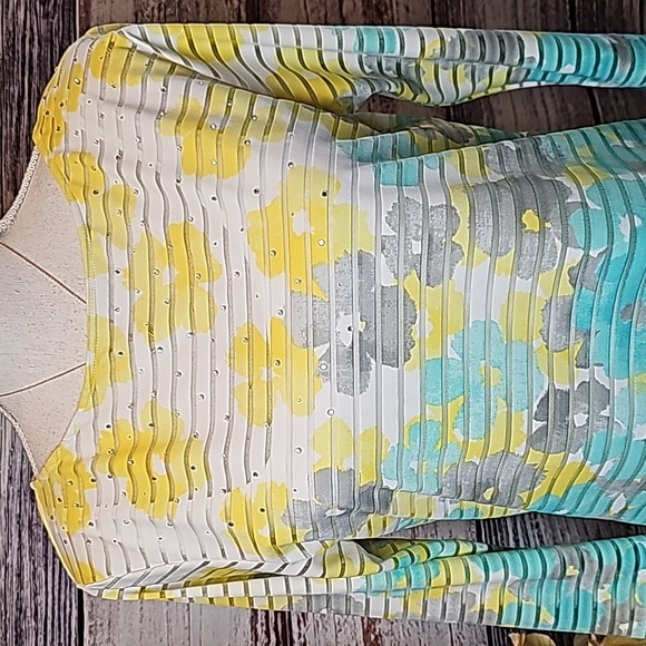 NEW RUBY RD SHEER LINED YELLOW & GREEN FLORAL PULLOVER BLOUSE - Picture 2 of 13